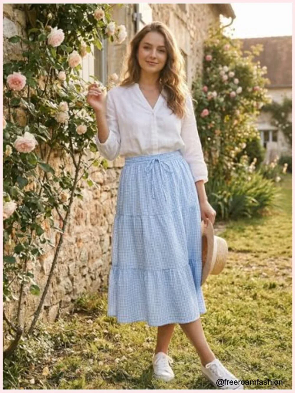 Women's Gingham Skirt Midi A-Line Tiered with Pockets Drawstring Waist